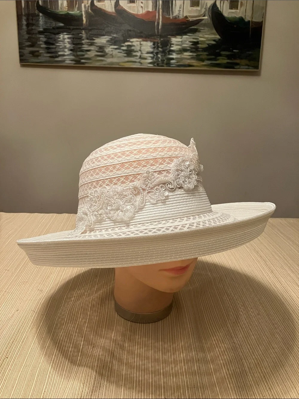 Elegant White Embroidered Beaded Trim Hat